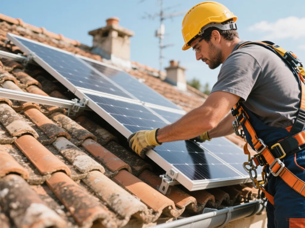 Installateur posant un panneau solaire sur une toiture en tuile en France