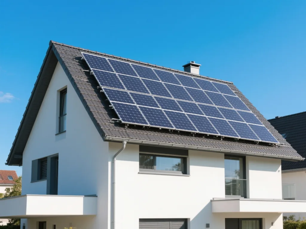 Maison avec panneaux solaires photovoltaïques sous lumière naturelle de midi