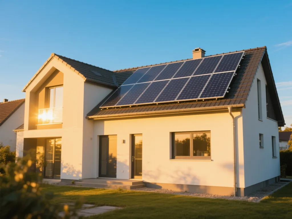 Maison avec panneaux solaires photovoltaïques sous lumière dorée du matin