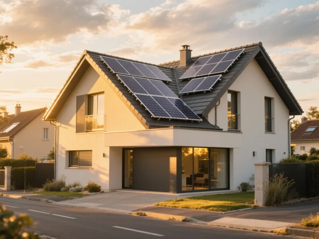 Maison avec panneaux photovoltaïques en France, installation moderne sous lumière du matin