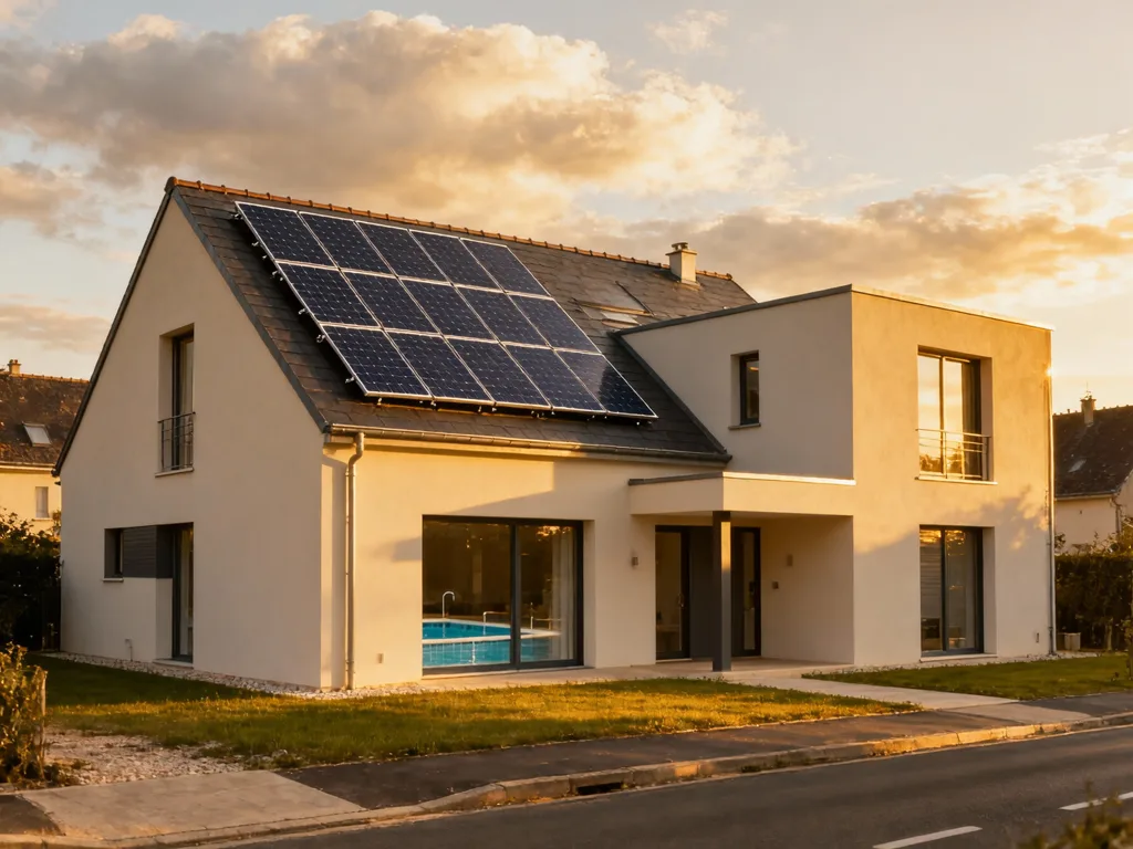 Maison avec panneaux photovoltaïques en France, installation moderne sous lumière du matin