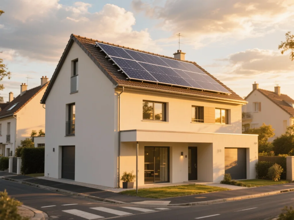 Maison avec panneaux photovoltaïques en France, installation moderne sous lumière du matin
