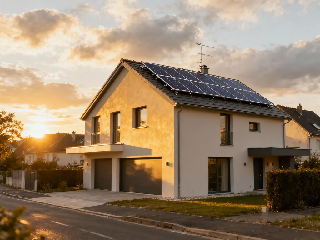 Maison avec panneaux photovoltaïques en France, installation moderne sous lumière du matin