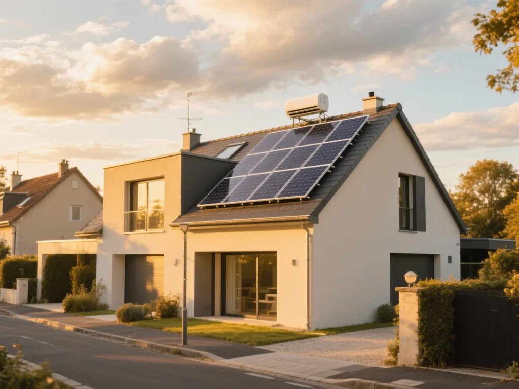 Maison avec panneaux photovoltaïques en France, installation moderne sous lumière du matin